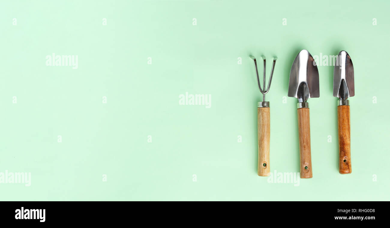 Collection of gardening, trowel, spade and rake on a green background ...