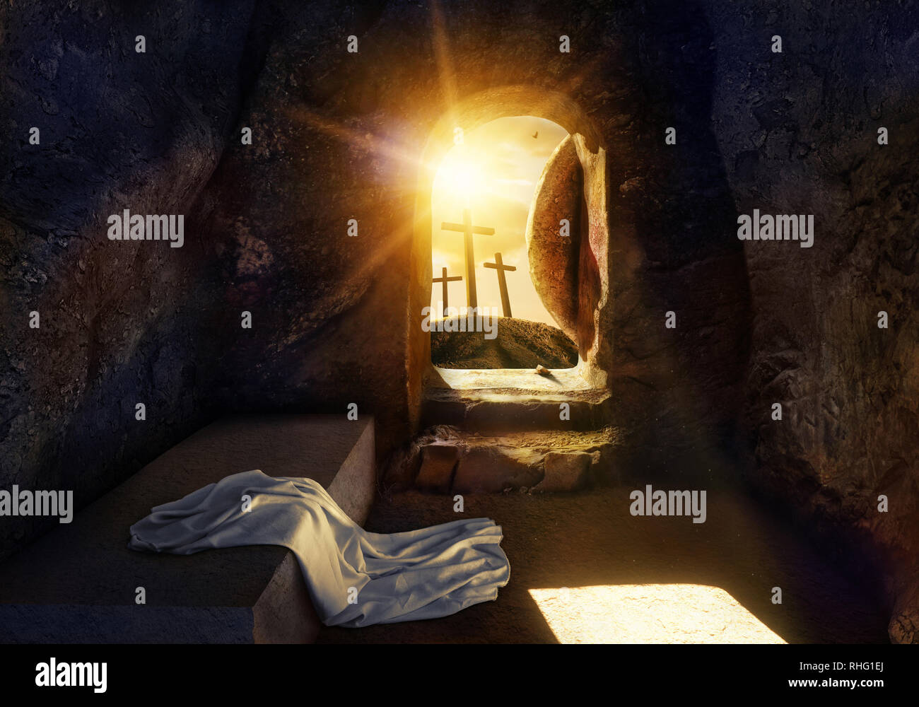 He is Risen. Empty Tomb With Shroud. Crucifixion at Sunrise. The illustration contains 3d elements. Stock Photo