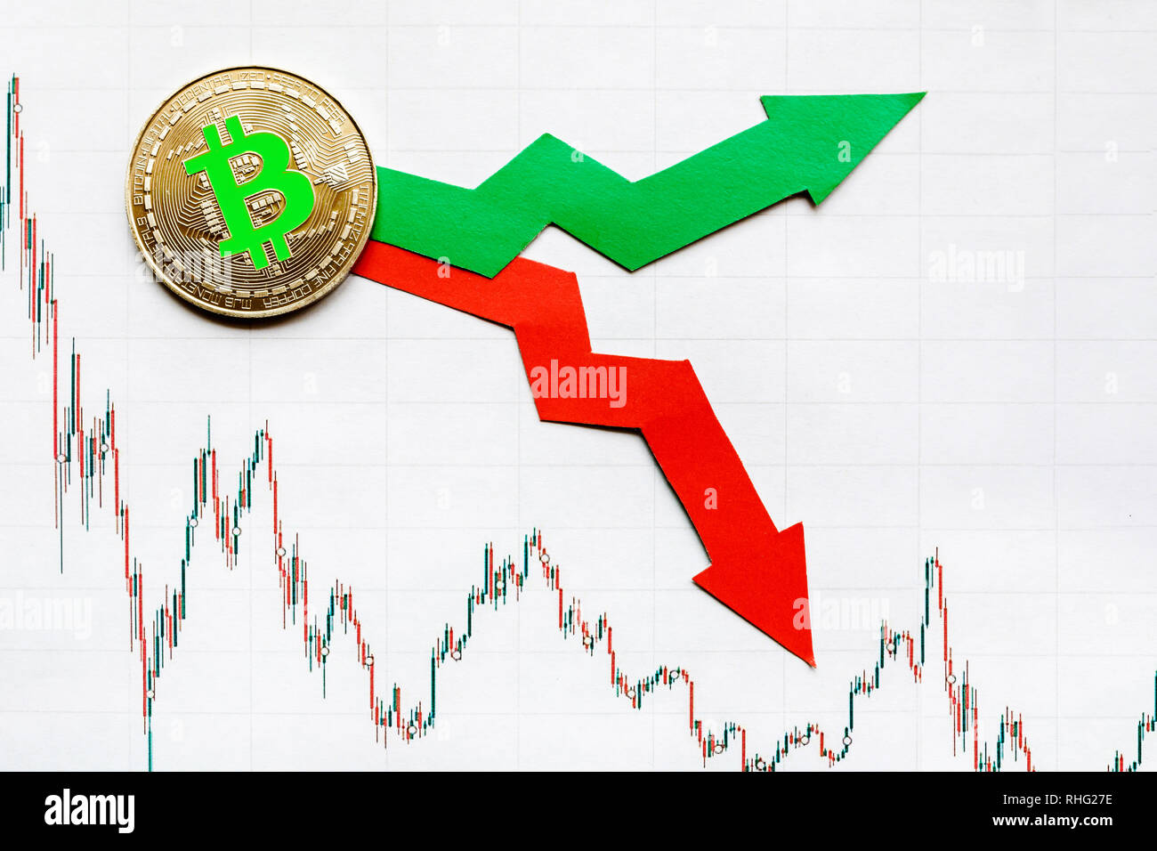 fluctuations and forecasting of exchange rates of virtual money bitcoin.  Red and green arrows with golden Bitcoin ladder on paper forex chart  backgro Stock Photo - Alamy