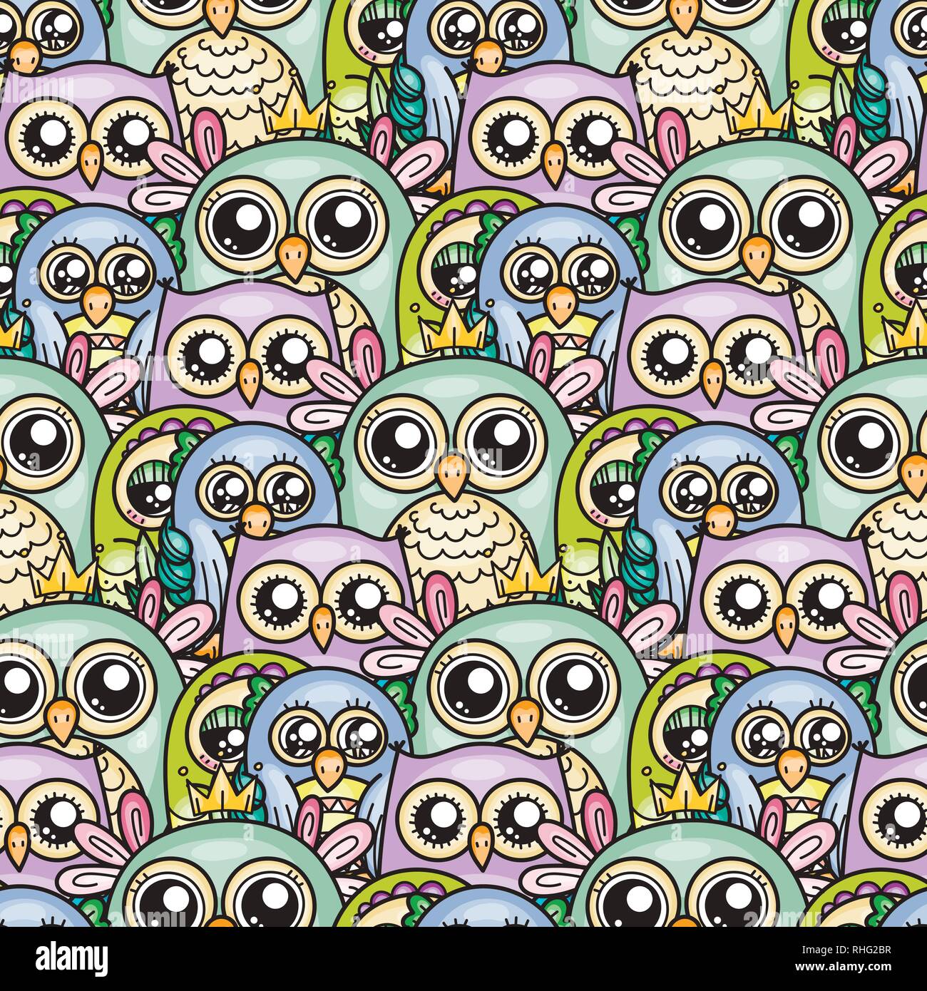 Seamless pattern with cute cartoon owls and furry owlets in pastel ...