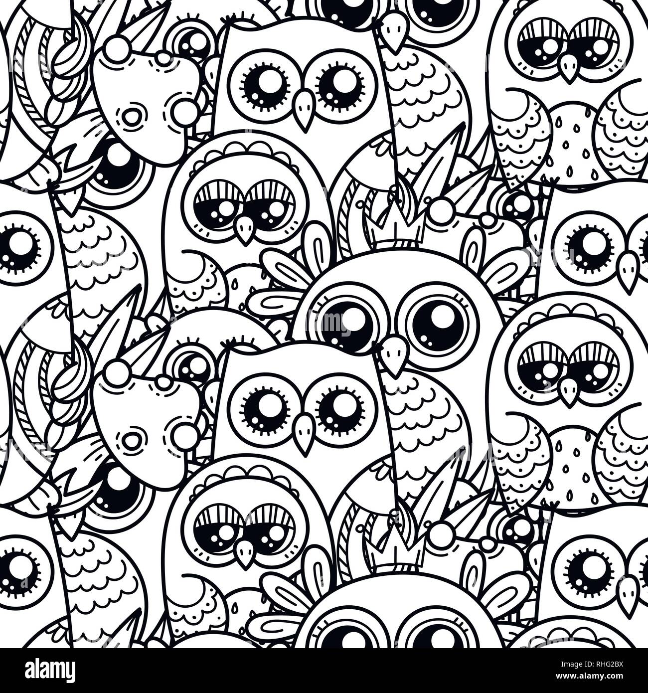 Seamless pattern with cute cartoon owls and furry owlets in pastel ...