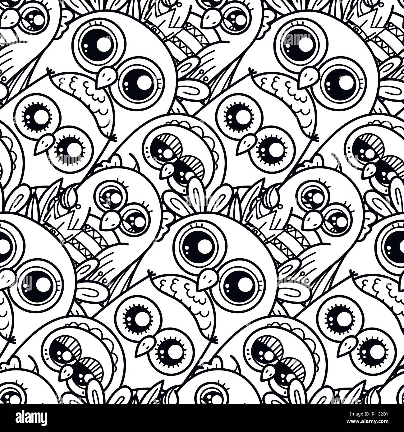 Seamless pattern with cute cartoon owls and furry owlets in pastel ...