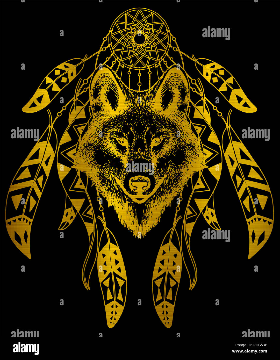 wolf dreamcatcher native wildlife american indian tribal metallic golden illustration Stock Photo