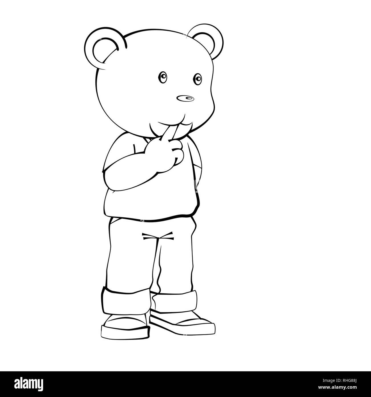 Adorable Cartoon, Boy Bear Standing with thinking. Isolated black and white, Hand drawn cartoon character design. Vector clip art illustration Stock Vector