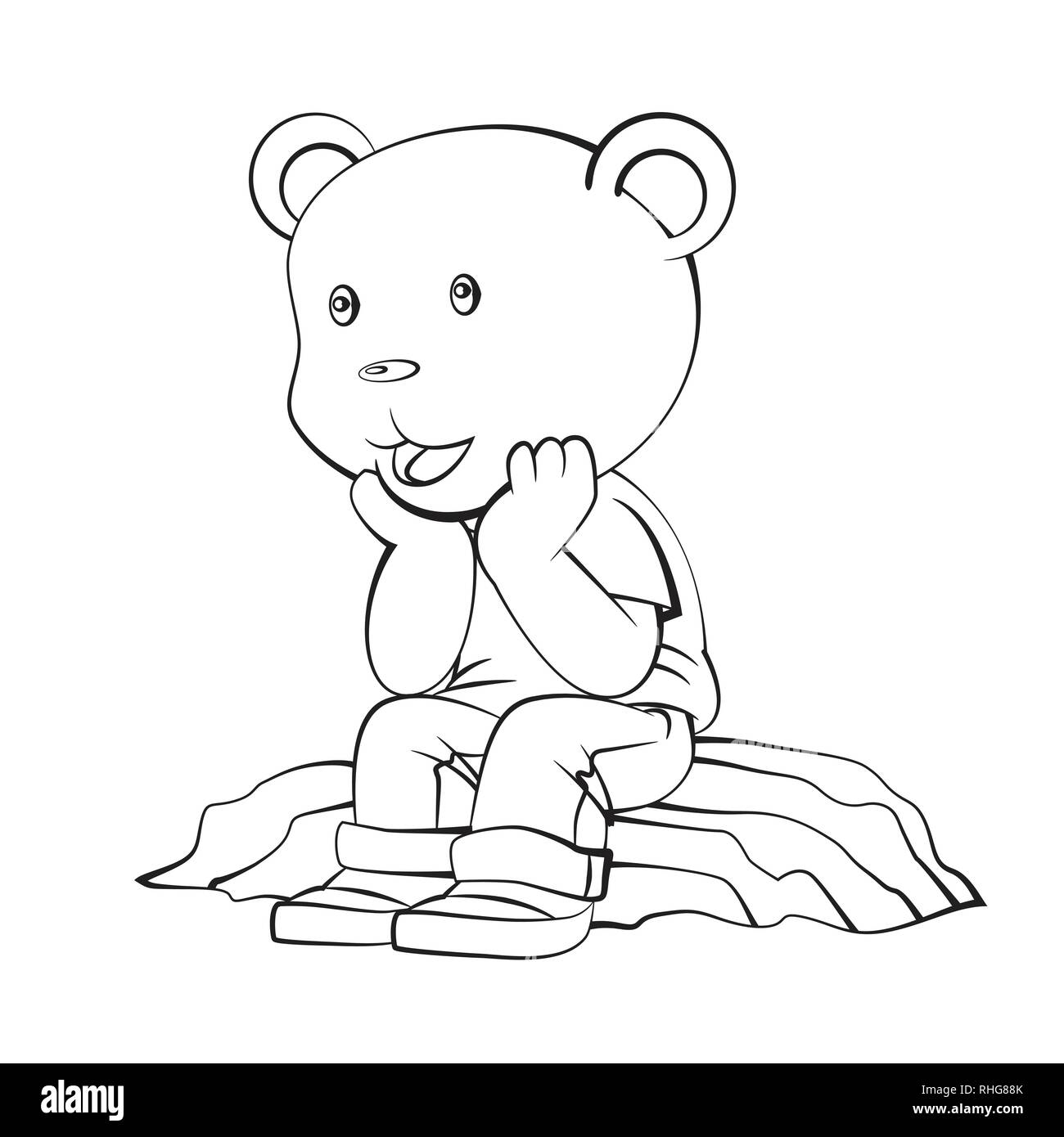 Adorable Cartoon, Boy Bear Standing with thinking. Isolated black and white, Hand drawn cartoon character design. Vector clip art illustration Stock Vector