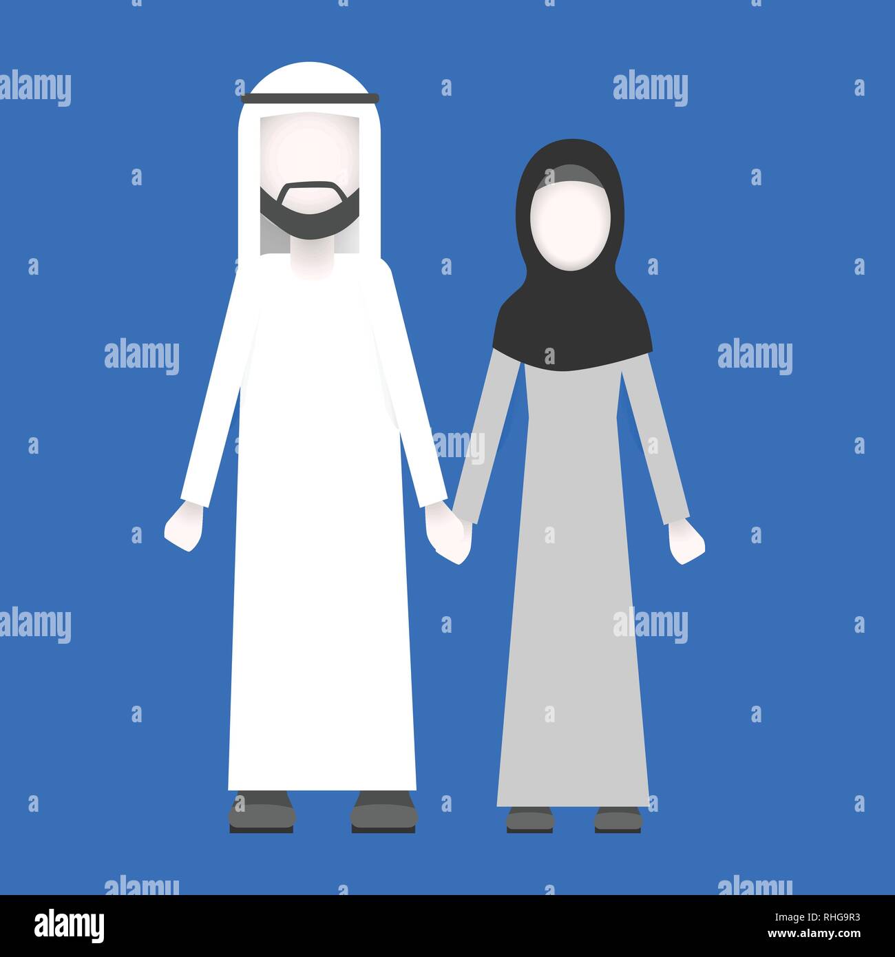 Muslim man and woman. Traditional arabic couple hold hand, arab man and woman character background copy space horizontal flat vector illustrationflat  Stock Vector