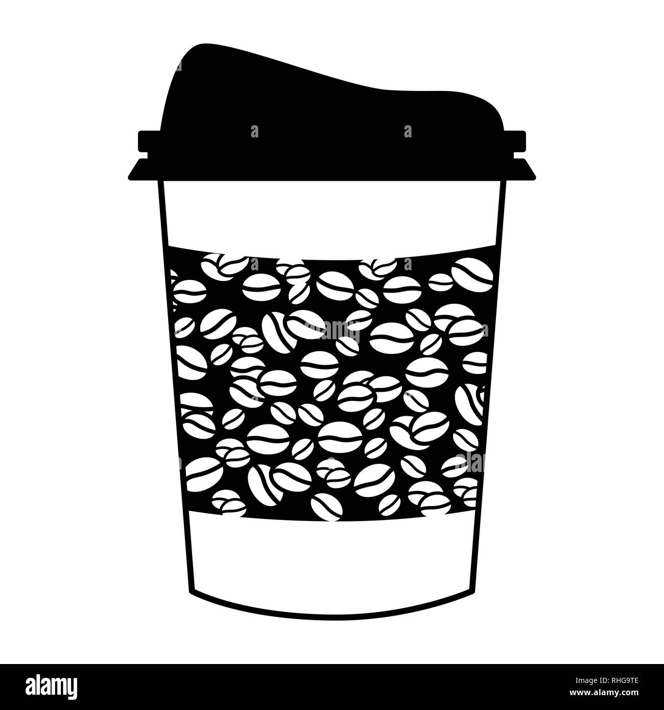 Plastic Coffee cup, coffee mug and cup to go with coffee bean banner, sketched in black ink isolate on white background Vector Illustration Stock Vector