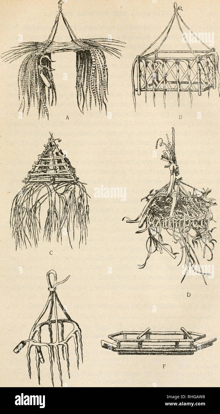 . Boletín de la Sociedad Española de Historia Natural. Natural history. Fig. .^—Trampas malaicas de espiritas. A, de Eandangan (Célebes septentrional).—B, de Célebes meridional.—C, de las Islas Nanusa.—D, de Malaca.—E, de Célebes meridional.—F, tipo canoa, de Célebes meridional.—Según A. B. Meyer y O. Richter.. Please note that these images are extracted from scanned page images that may have been digitally enhanced for readability - coloration and appearance of these illustrations may not perfectly resemble the original work.. Sociedad Española de Historia Natural. Madrid : Estab. tip. de Fo Stock Photo