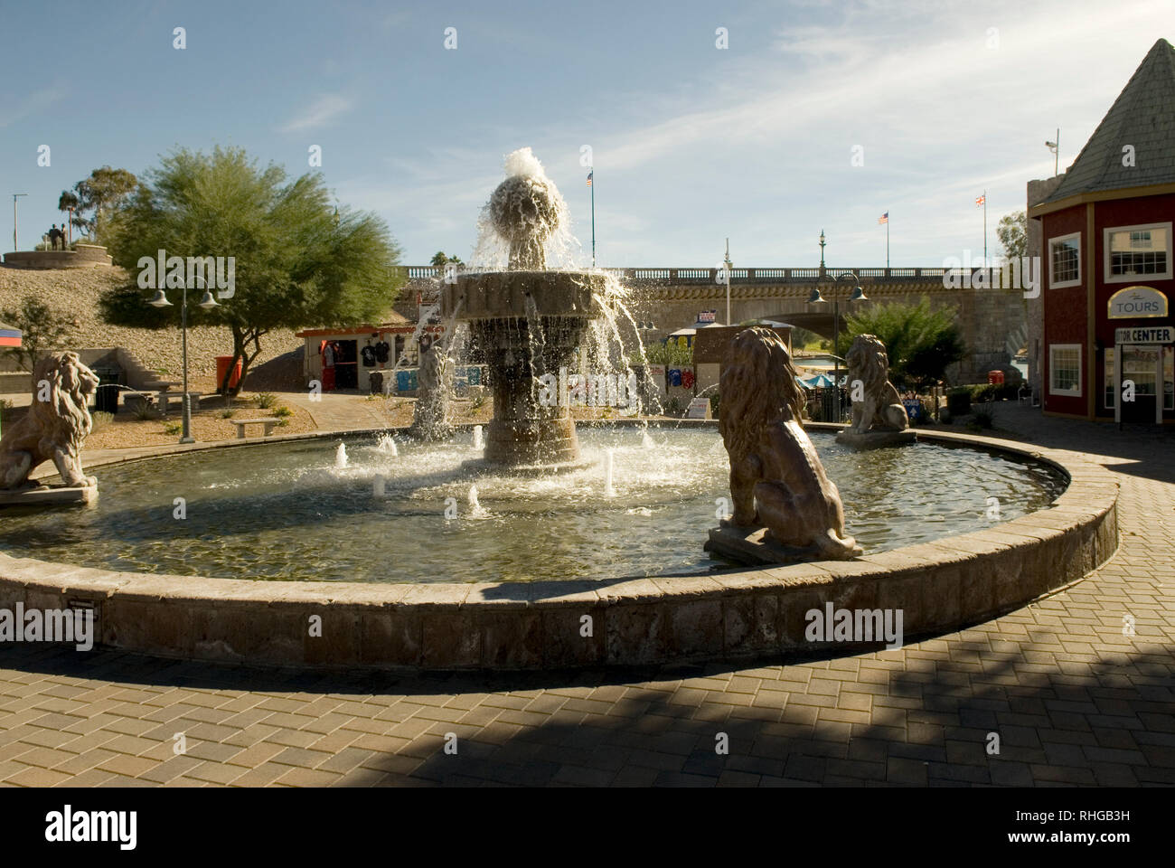 Lion Water Fountain at London Bridge in Lake Havasu. Arizona USA Stock Photo