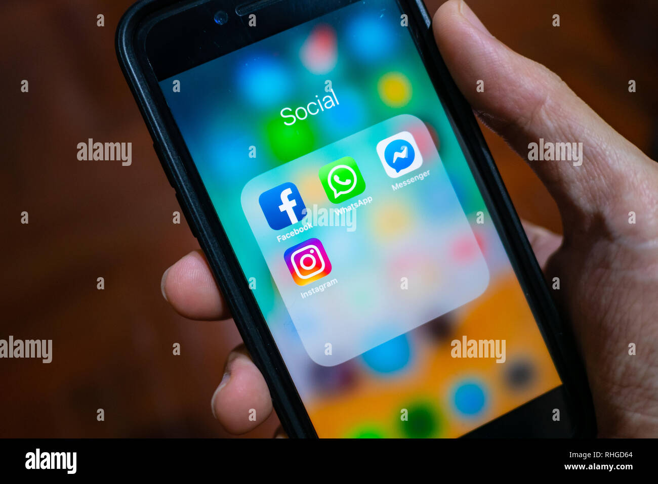 Bangkok, Thailand - January 31, 2019: iPhone 7 showing its screen with Facebook, WhatsApp, Messenger and Instagram application icons. Stock Photo