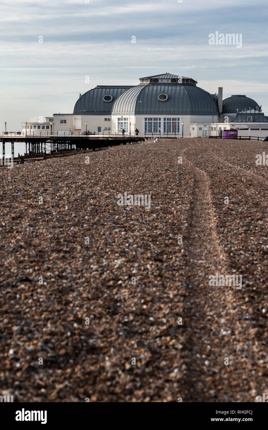 Urban view of Worthing, West Sussex, UK featuring the pier Stock Photo