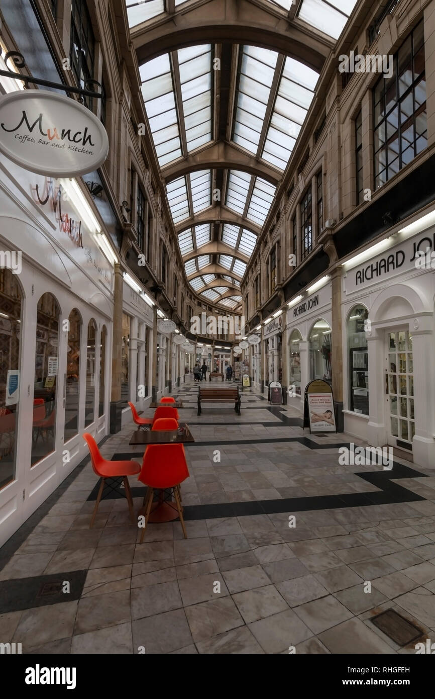 Urban view of Worthing, West Sussex, UK featuring a shopping arcade Stock Photo