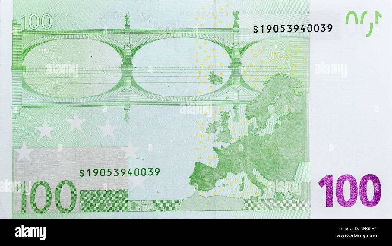 One hundred euro, back side on macro. Stock Photo