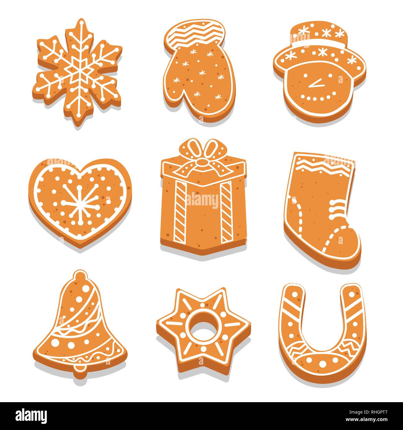 Set of decorated gingerbread cookies different shape, holiday treat, snowflake, mitten, snowman, heart, vector illustration Stock Vector