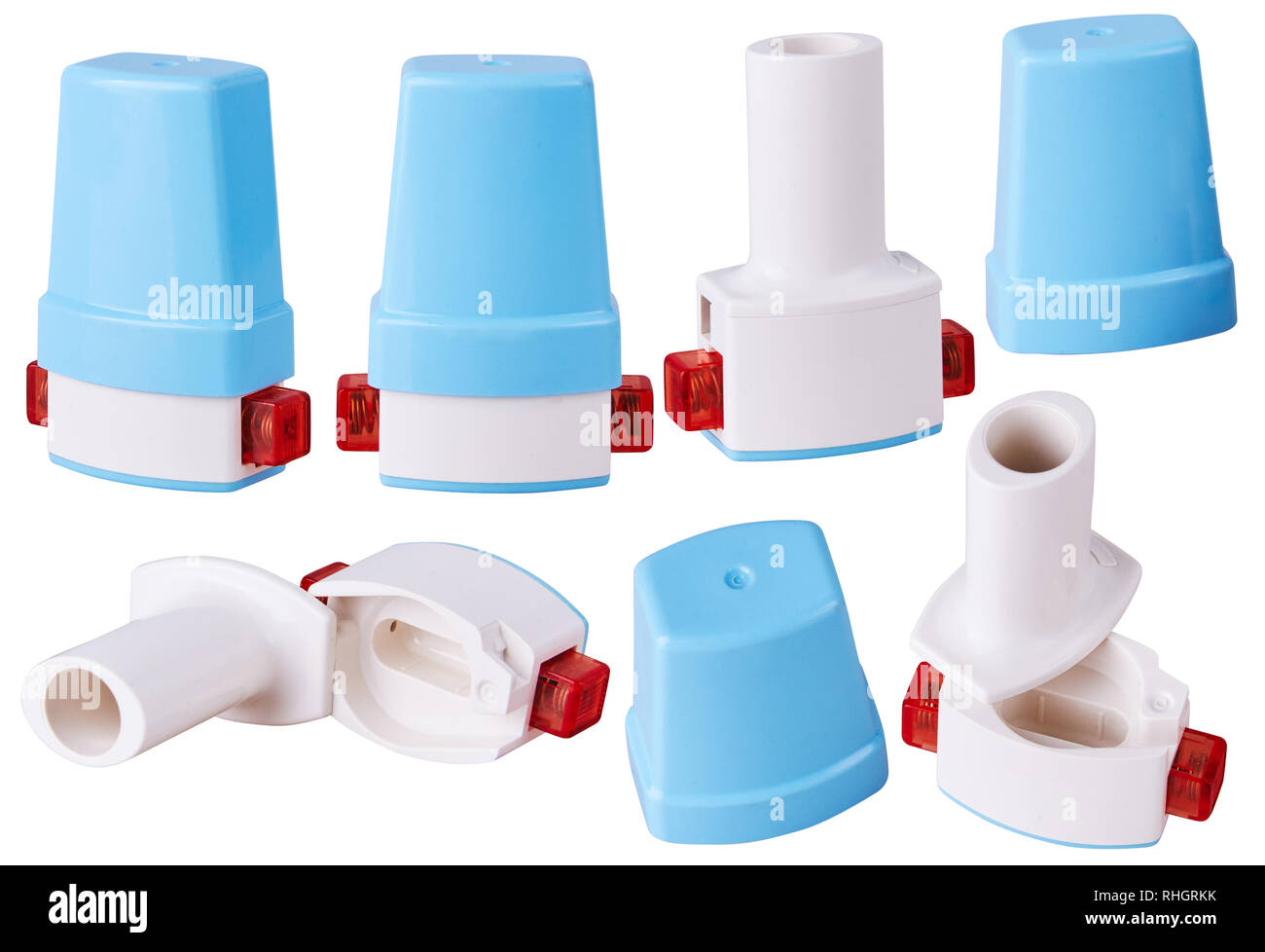 Pocket personal capsule inhaler in various positions isolated on white background. Prevention and treatment of bronchospasm. Stock Photo