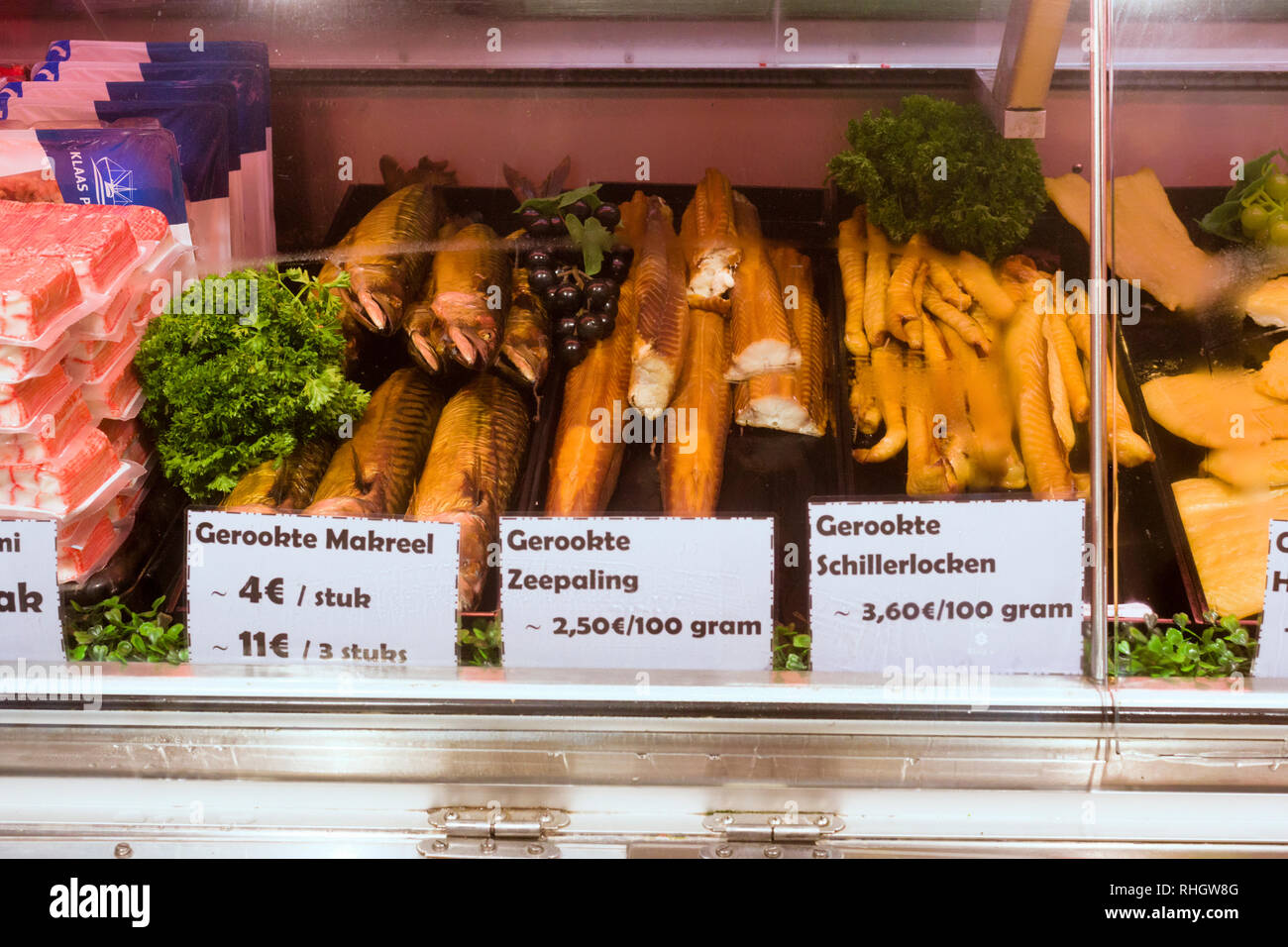 surimi and smoked eel on the fish market on the docks in Ostend, Belgium Stock Photo