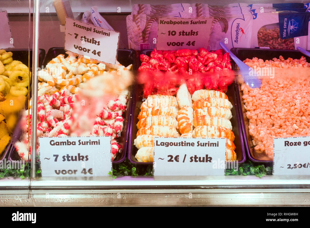 clams of crabs and prawns copied and langoustines using surimi paste on the fish market on the docks in Ostend, Belgium Stock Photo