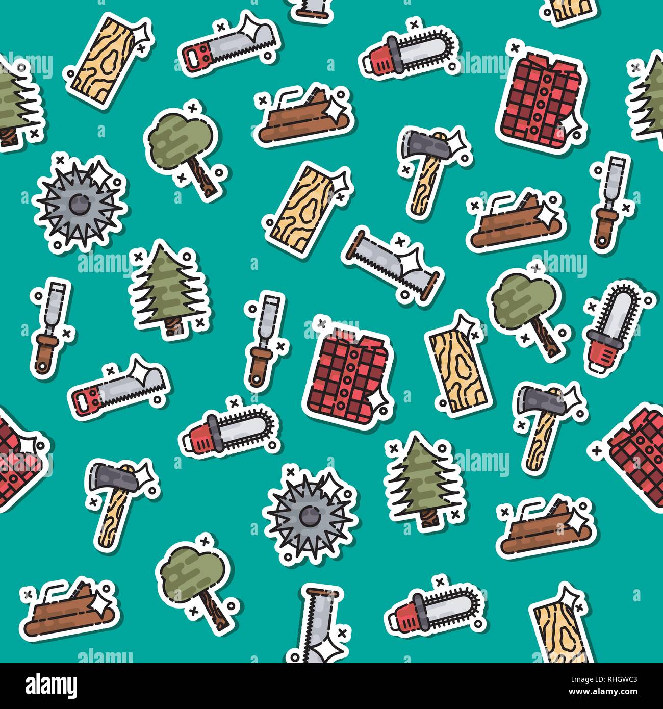 Lumberjack isometric color icons pattern of woodworking tools lumber ...