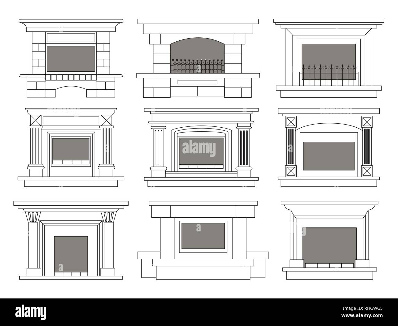 Set of vector fireplace icons and fireplace design. Vector illustration ...
