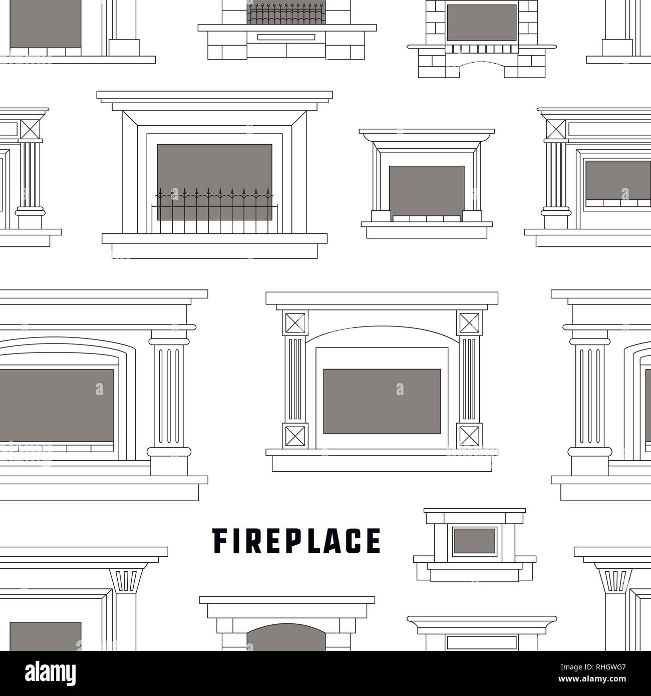 Set of vector fireplace icons and fireplace design pattern. Vector ...