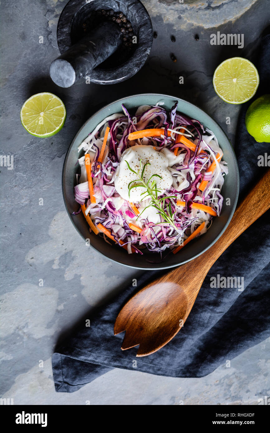 Homemade Coleslaw salad with red and white cabbage, red onion, carrot, and sour cream Stock Photo