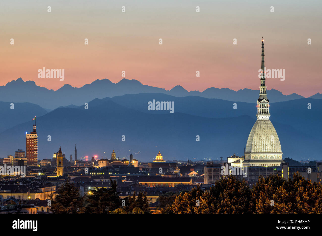 Turin skyline with Mole Antonelliana Stock Photo