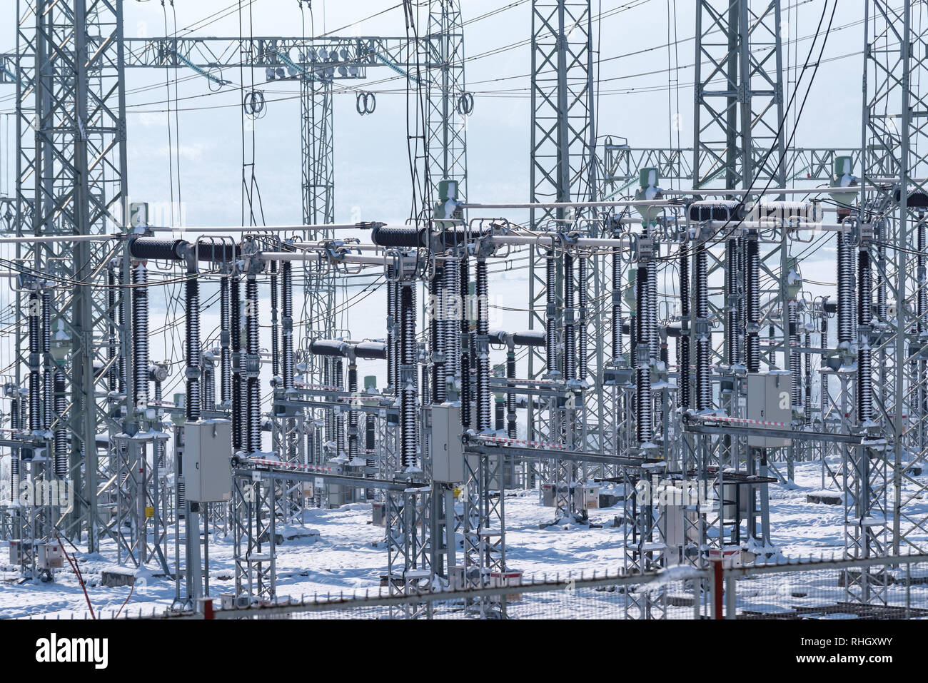 Increase in the cost of electricity. Distribution electric substation. Stock Photo