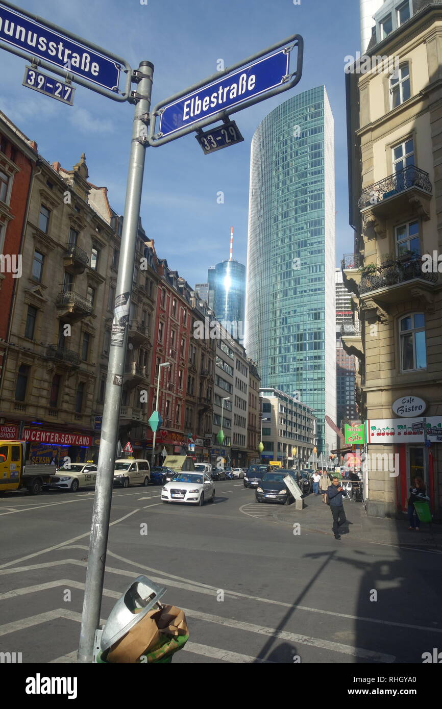 The corner of Elbestrasse and Taunusstrasse in the Frankfurt Bahnhofsviertel Red Light District