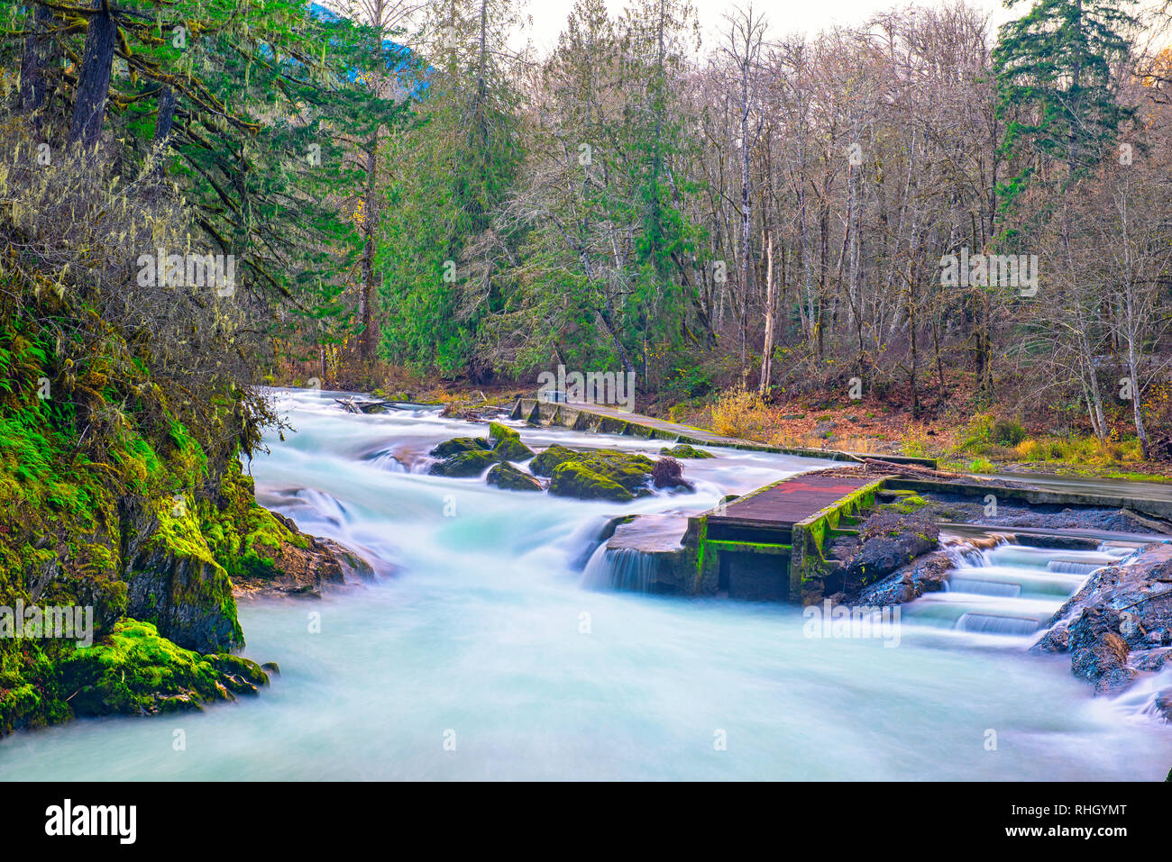 Long exposure shot of Stamp River Falls with builtin salmon ladder in Port Alberni, Vancouver