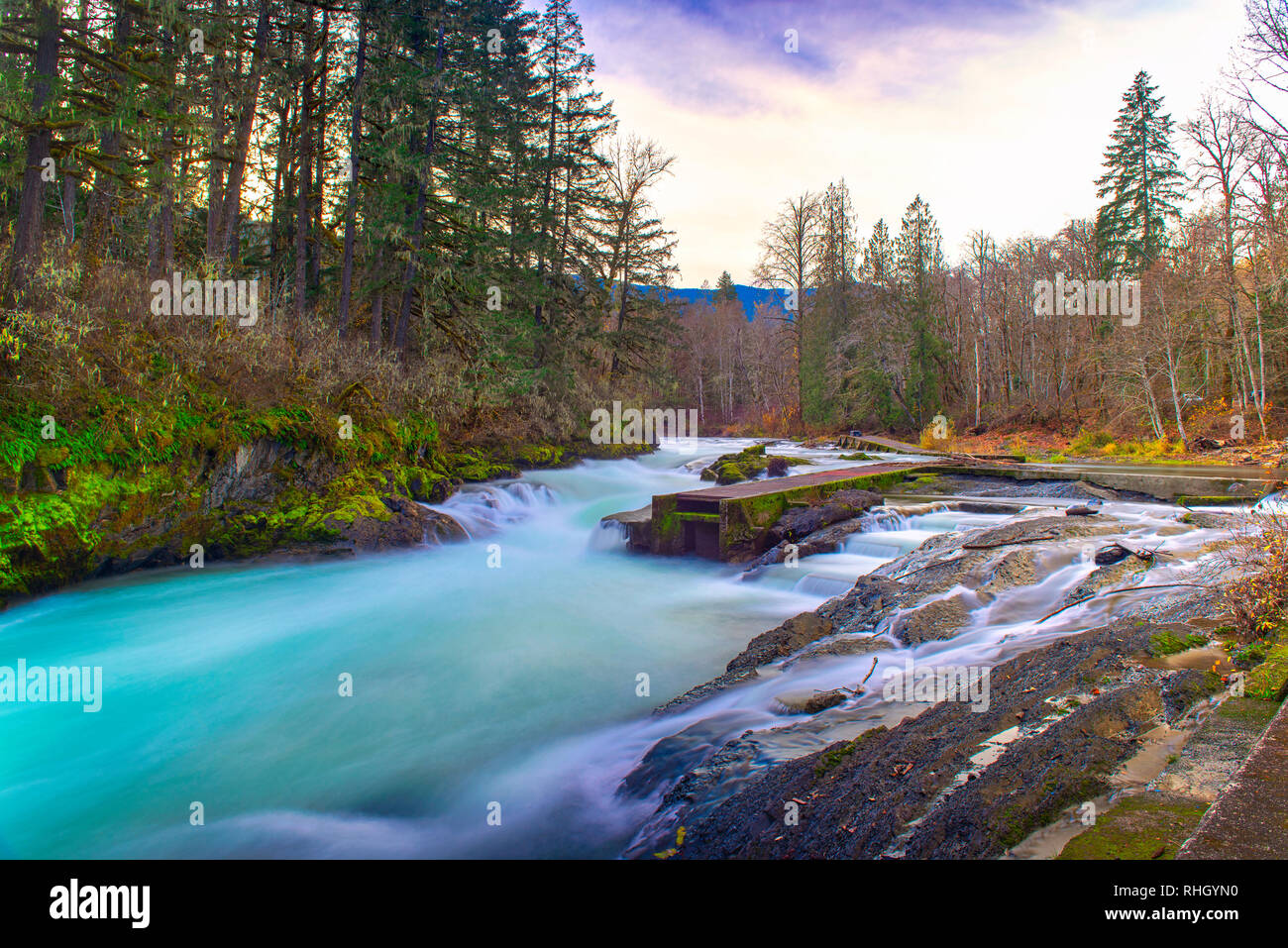 Long exposure shot of Stamp River Falls with builtin salmon ladder in
