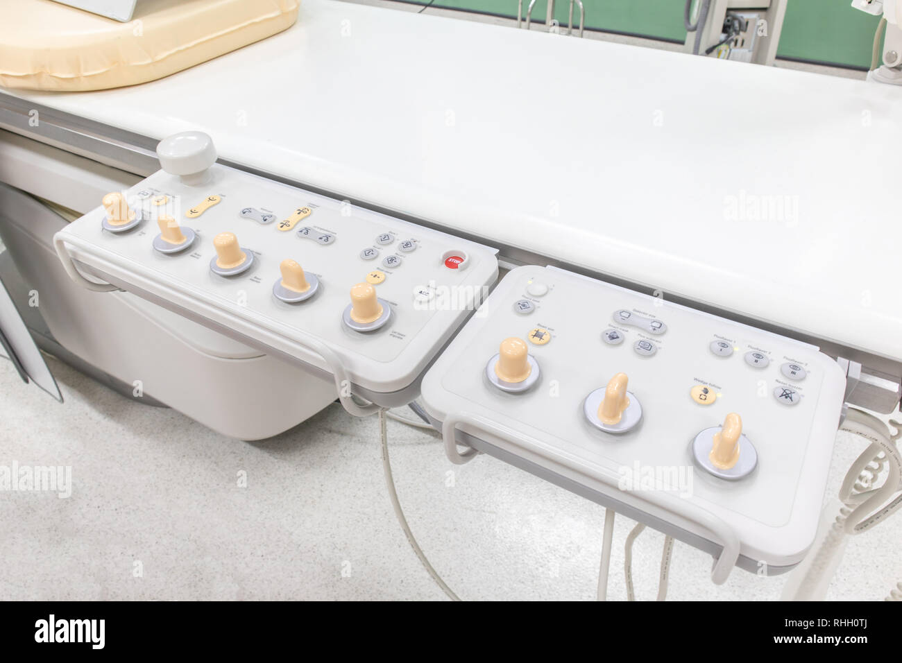 Digital Subtraction Angiography Room, DSA lab, Control panel large C-arm angiograph, operating room with X-ray medical scan in hospital. Stock Photo