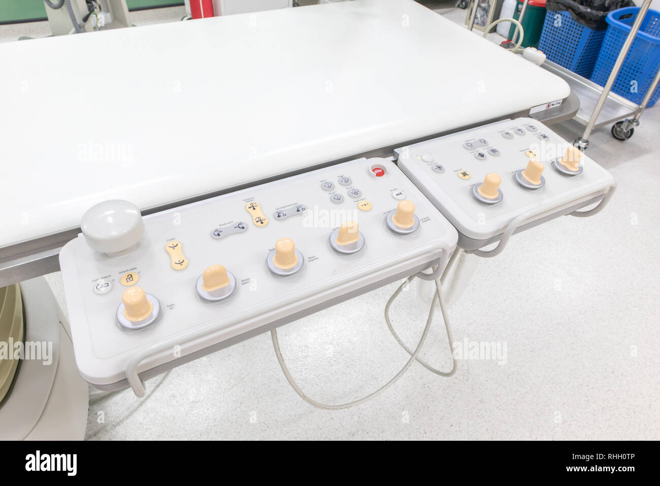 Digital Subtraction Angiography Room, DSA lab, Control panel large C-arm angiograph, operating room with X-ray medical scan in hospital. Stock Photo