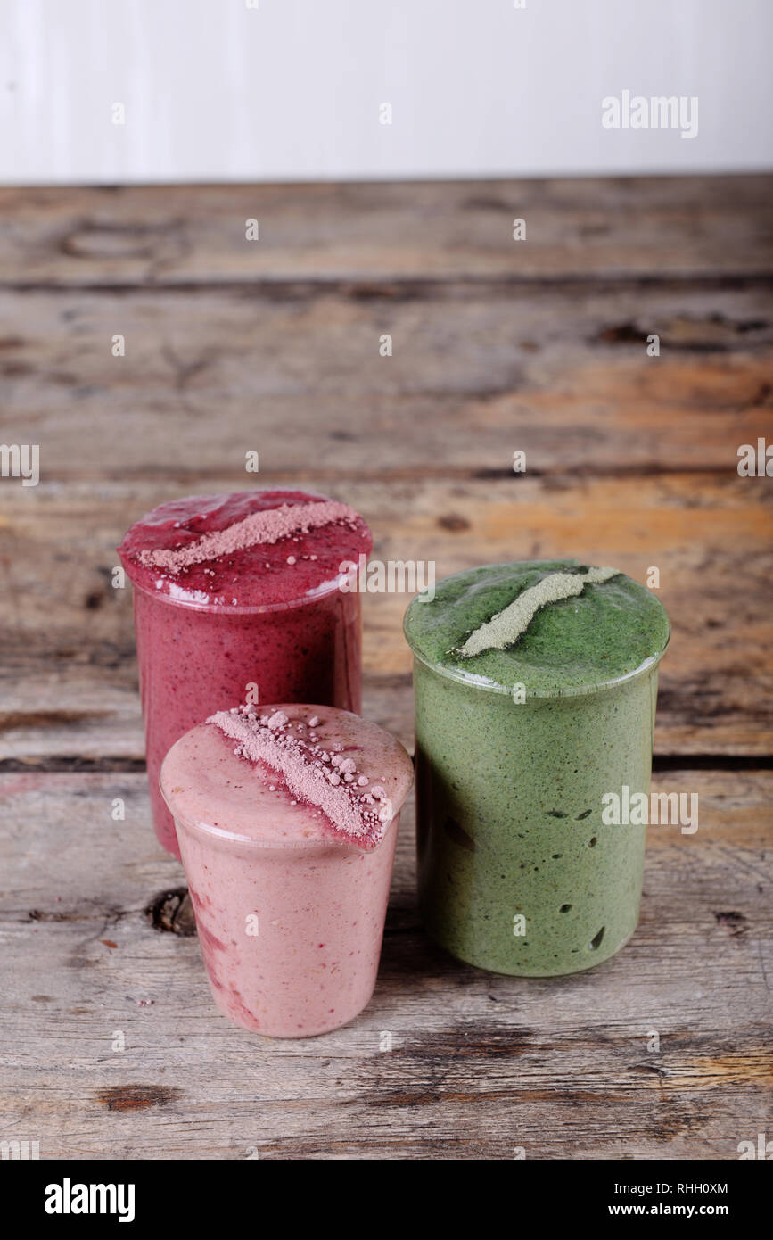 Three Organic Protein Smoothies supporting a Raw, Vegan Diet. Made with organic ingredients. Stock Photo