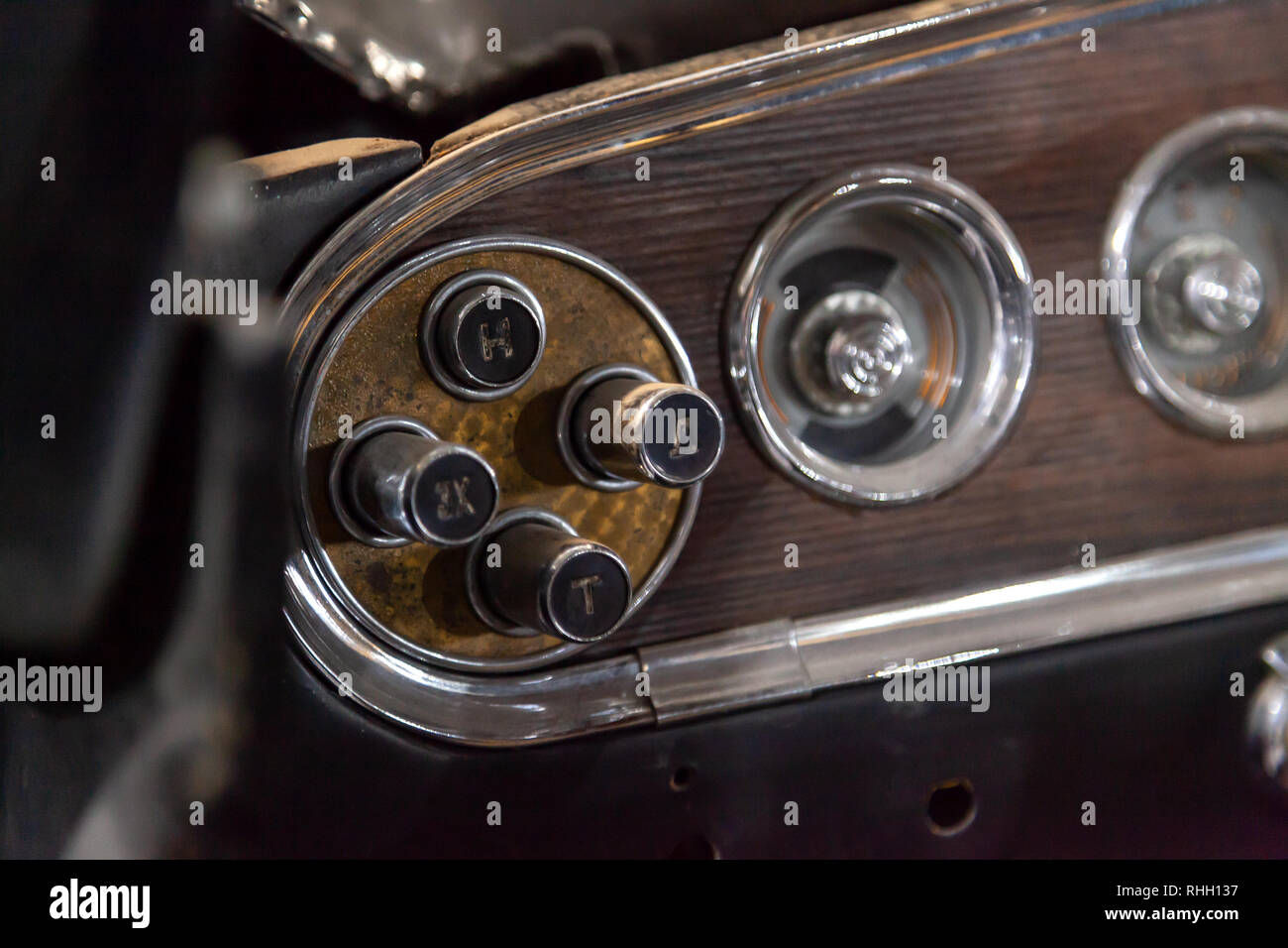 Novosibirsk, Russia - 01.30.2019: Instruments and a panel with control buttons for an automatic gearbox of an old Russian retro car gas 13 gull chaika Stock Photo