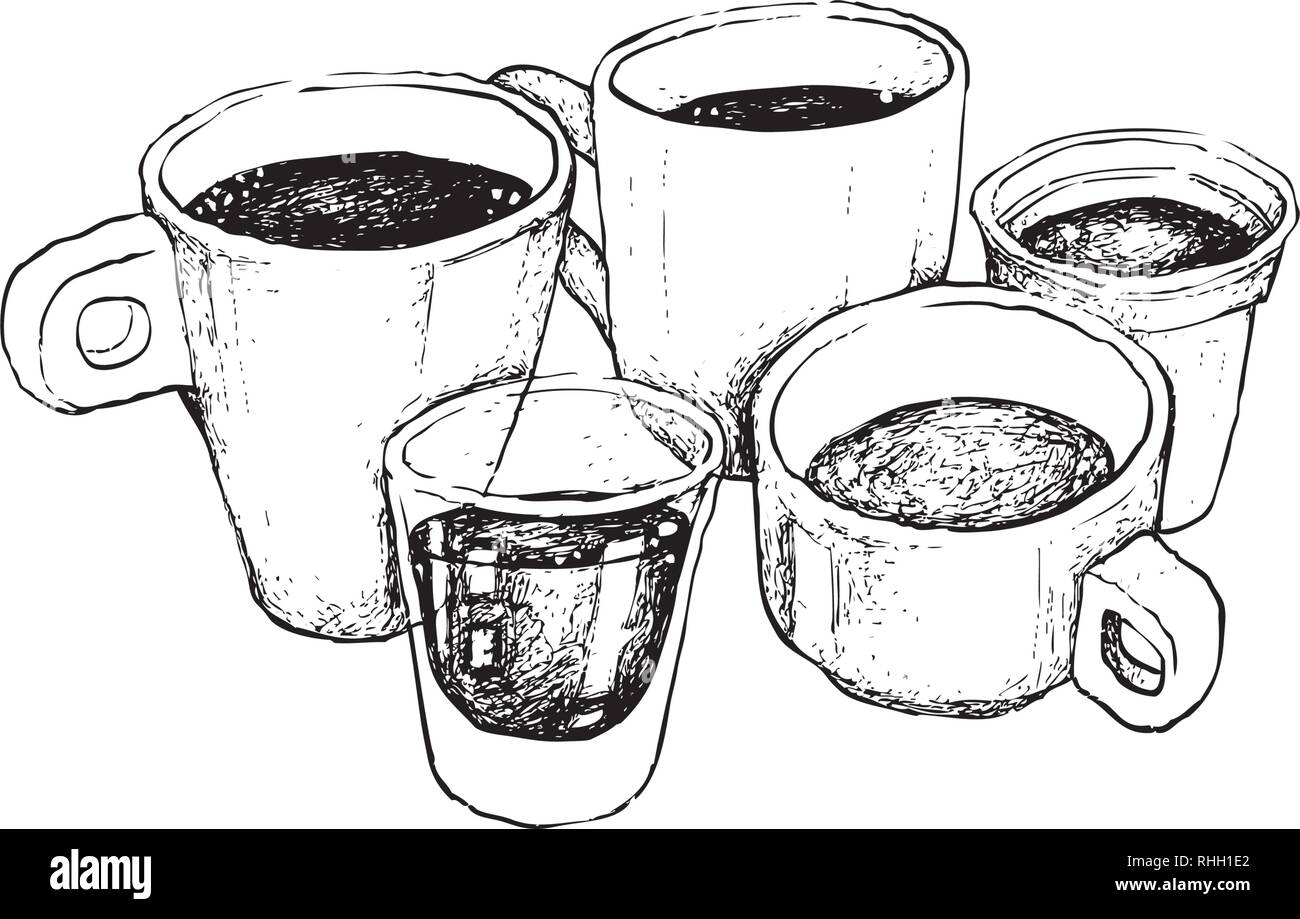 Illustration Hand Drawn Sketch of A Group of Coffee Cup, Mug, Shot