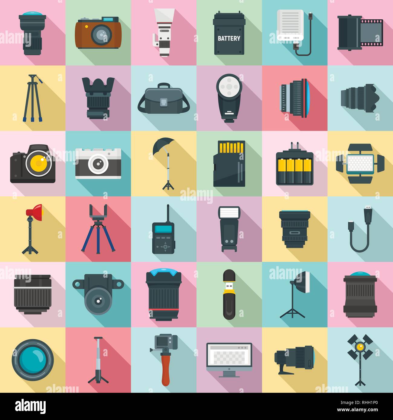 Photographer equipment icons set. Flat set of photographer equipment ...