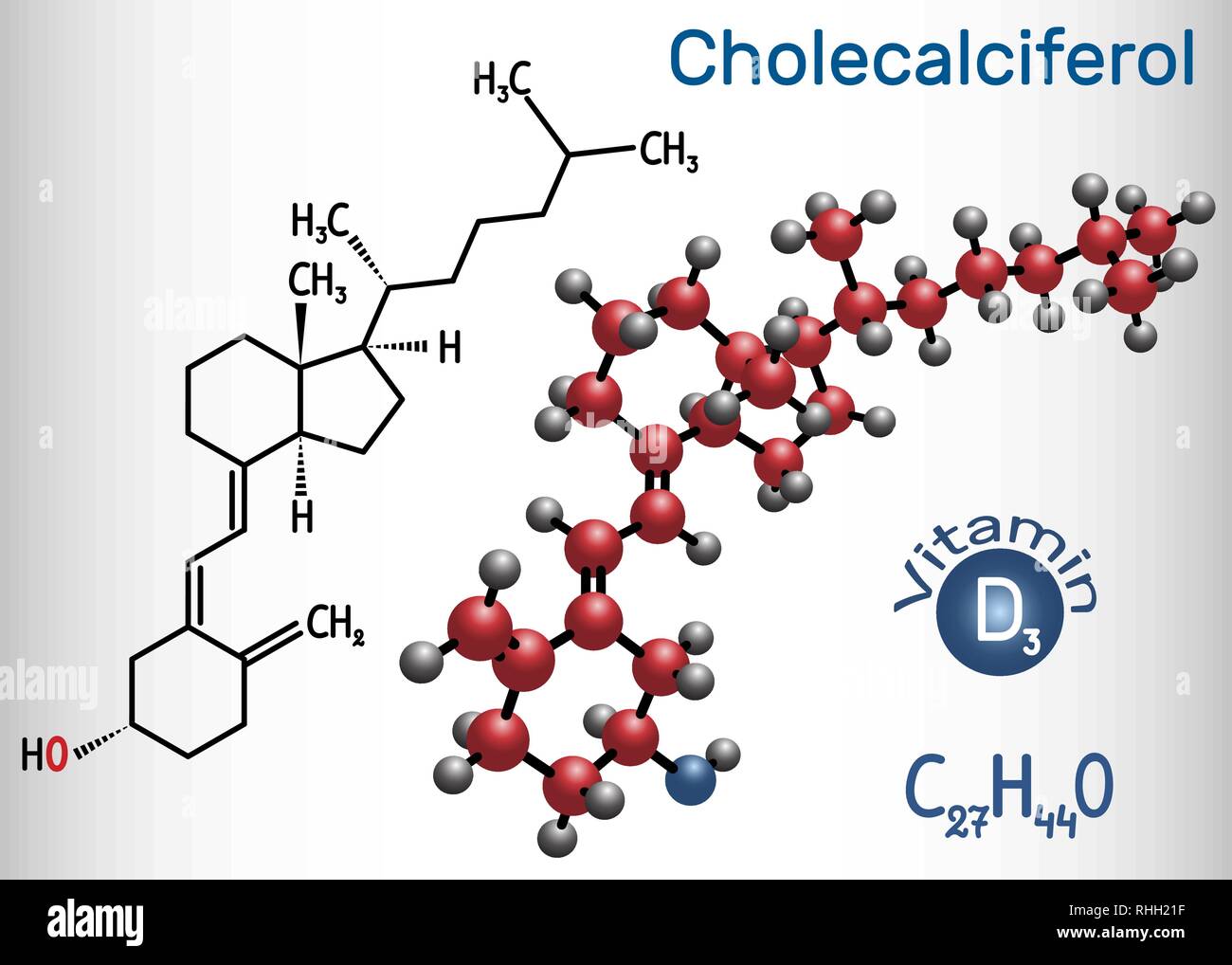 Cholecalciferol ( colecalciferol, vitamin D3) molecule. Structural chemical formula and molecule model. Vector illustration Stock Vector