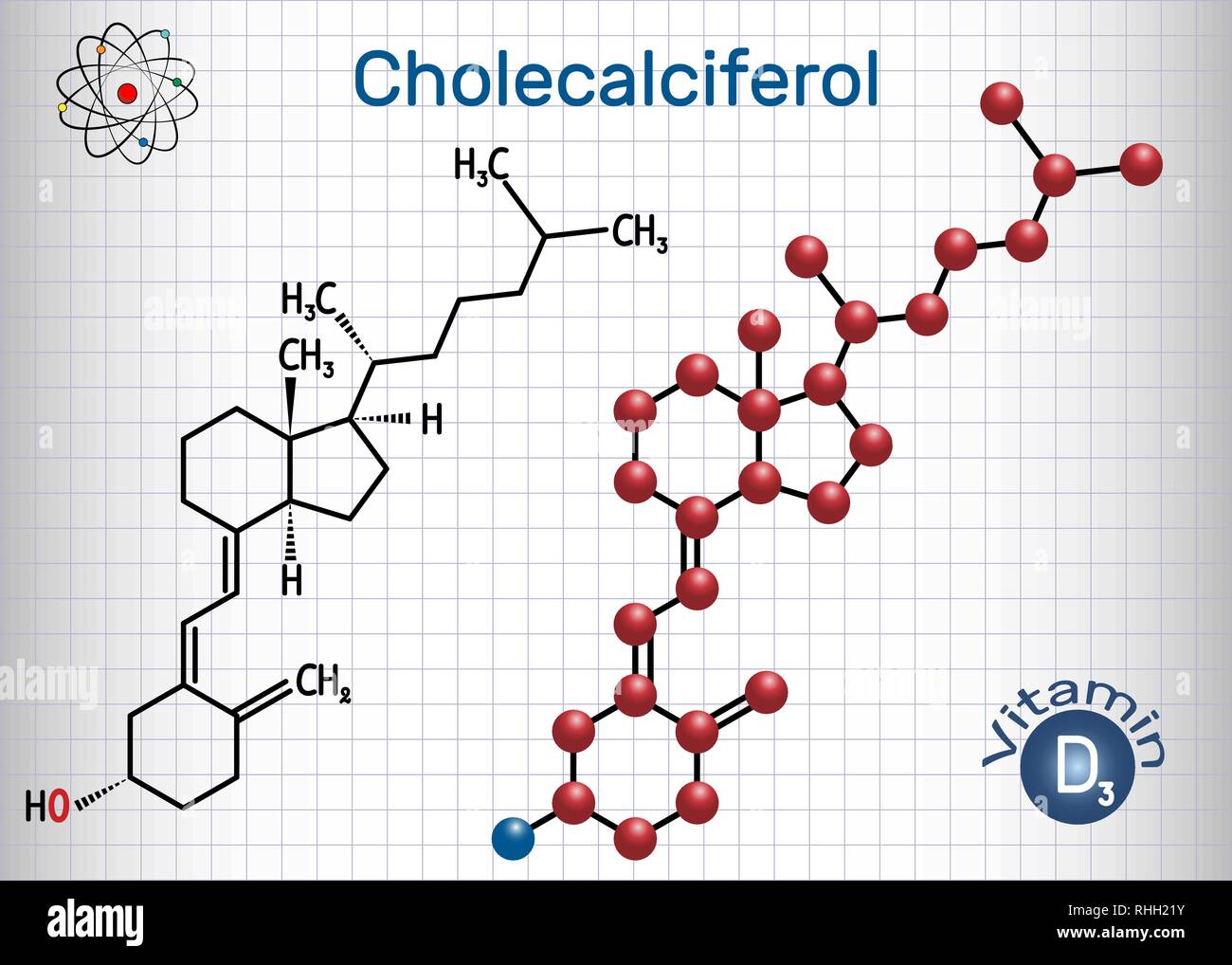 Cholecalciferol ( colecalciferol, vitamin D3) molecule. Structural chemical formula and molecule model. Sheet of paper in a cage. Vector illustration Stock Vector