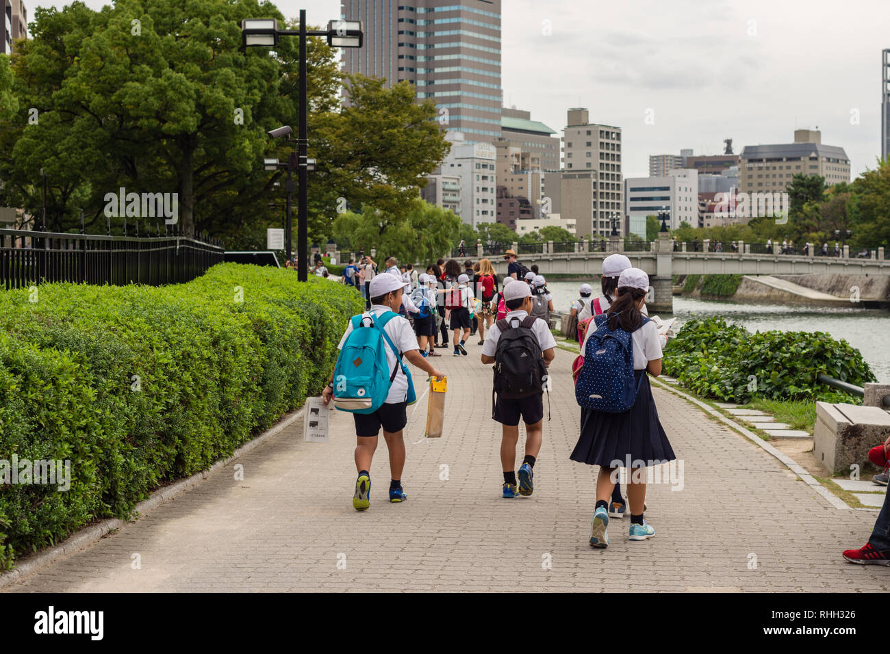 school kids on excursion at Hiroshima Peace Park, Japan Stock Photo