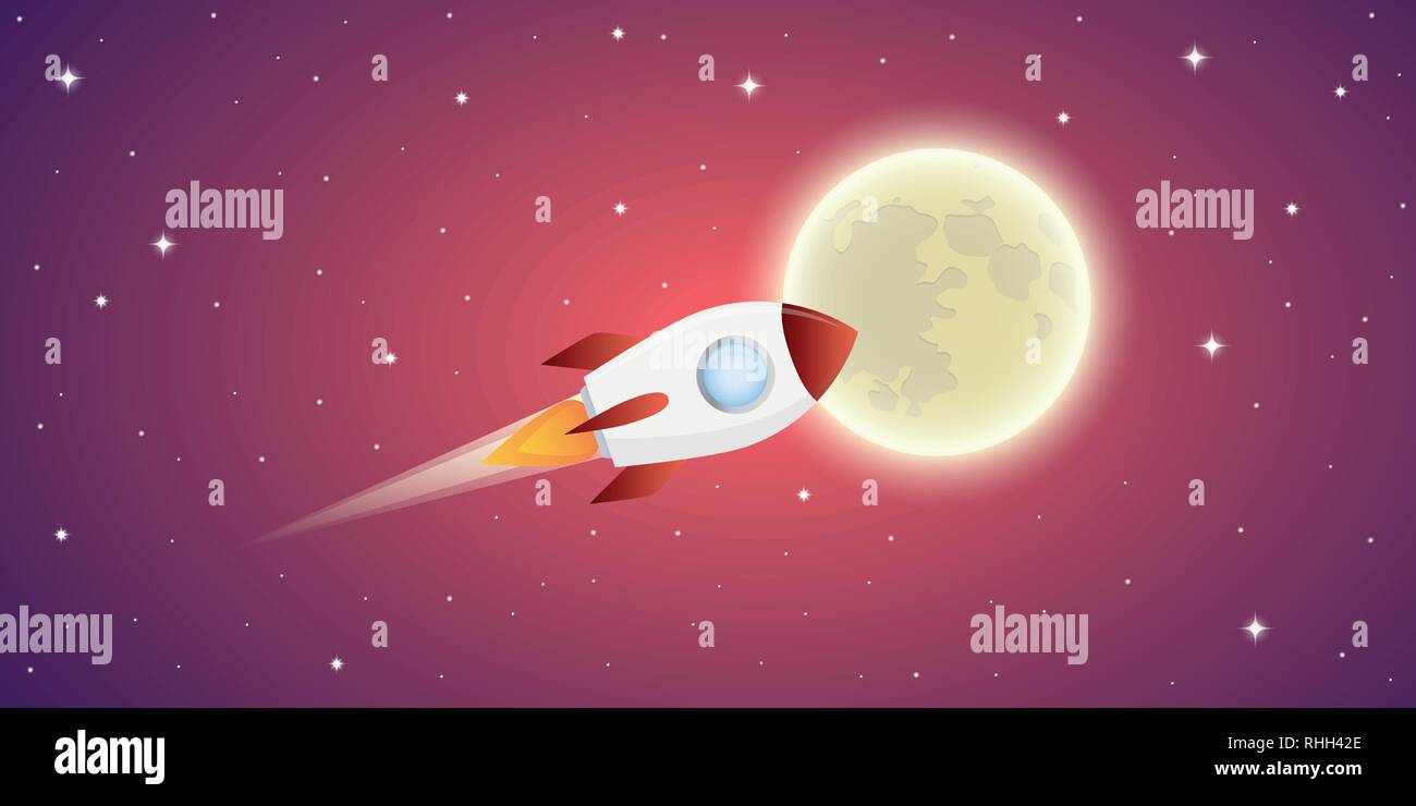 rocket is flying to the full moon in pink starry space vector ...