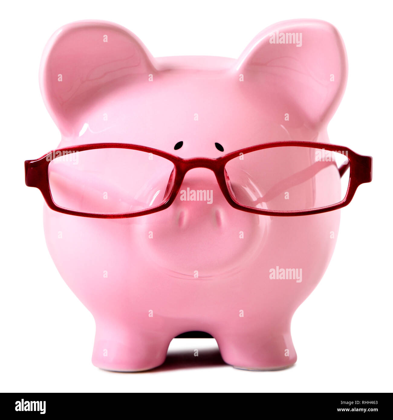 Pink piggy bank wearing glasses isolated white Stock Photo - Alamy