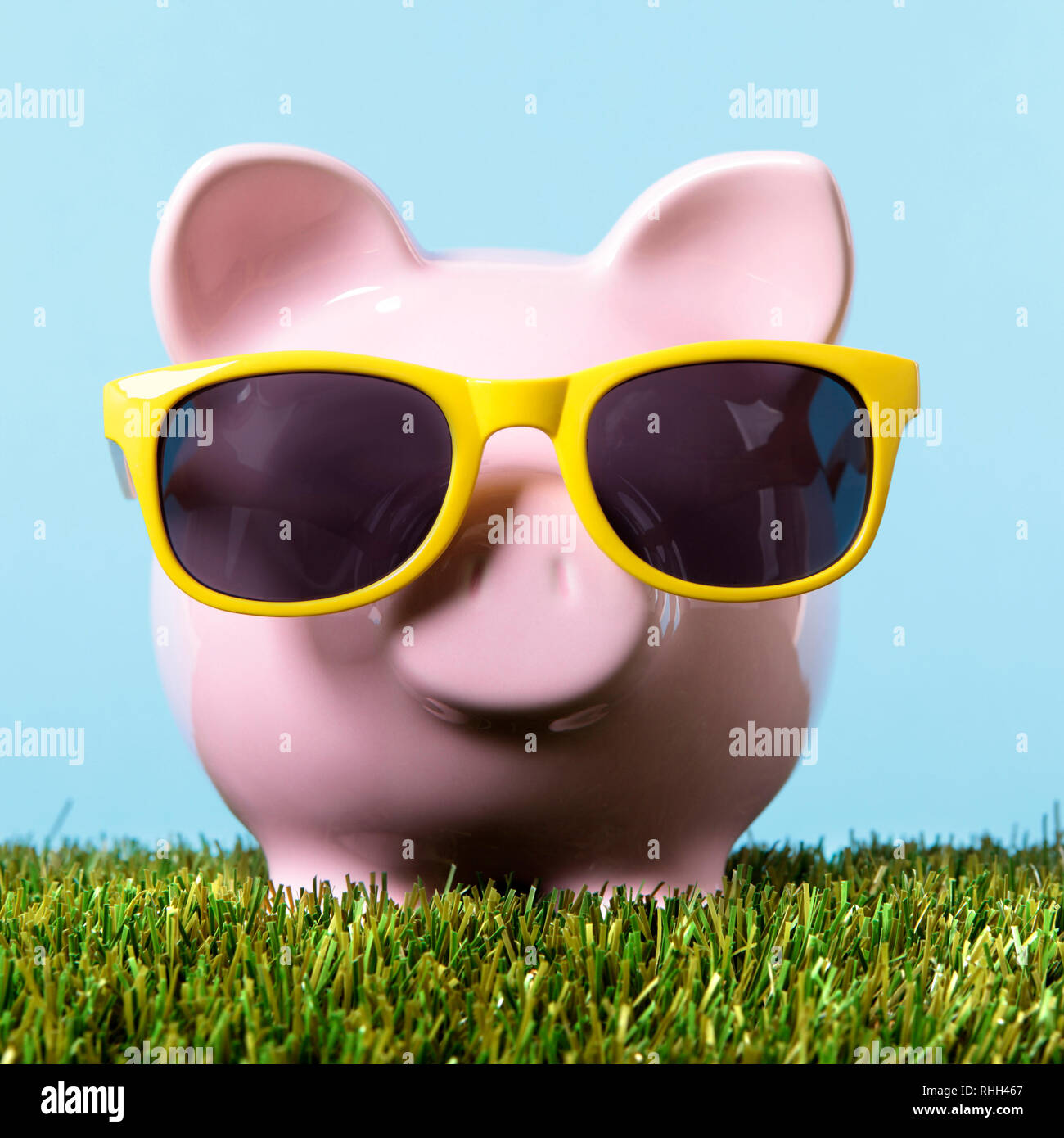 Piggy bank grass freedom wealth concept Stock Photo