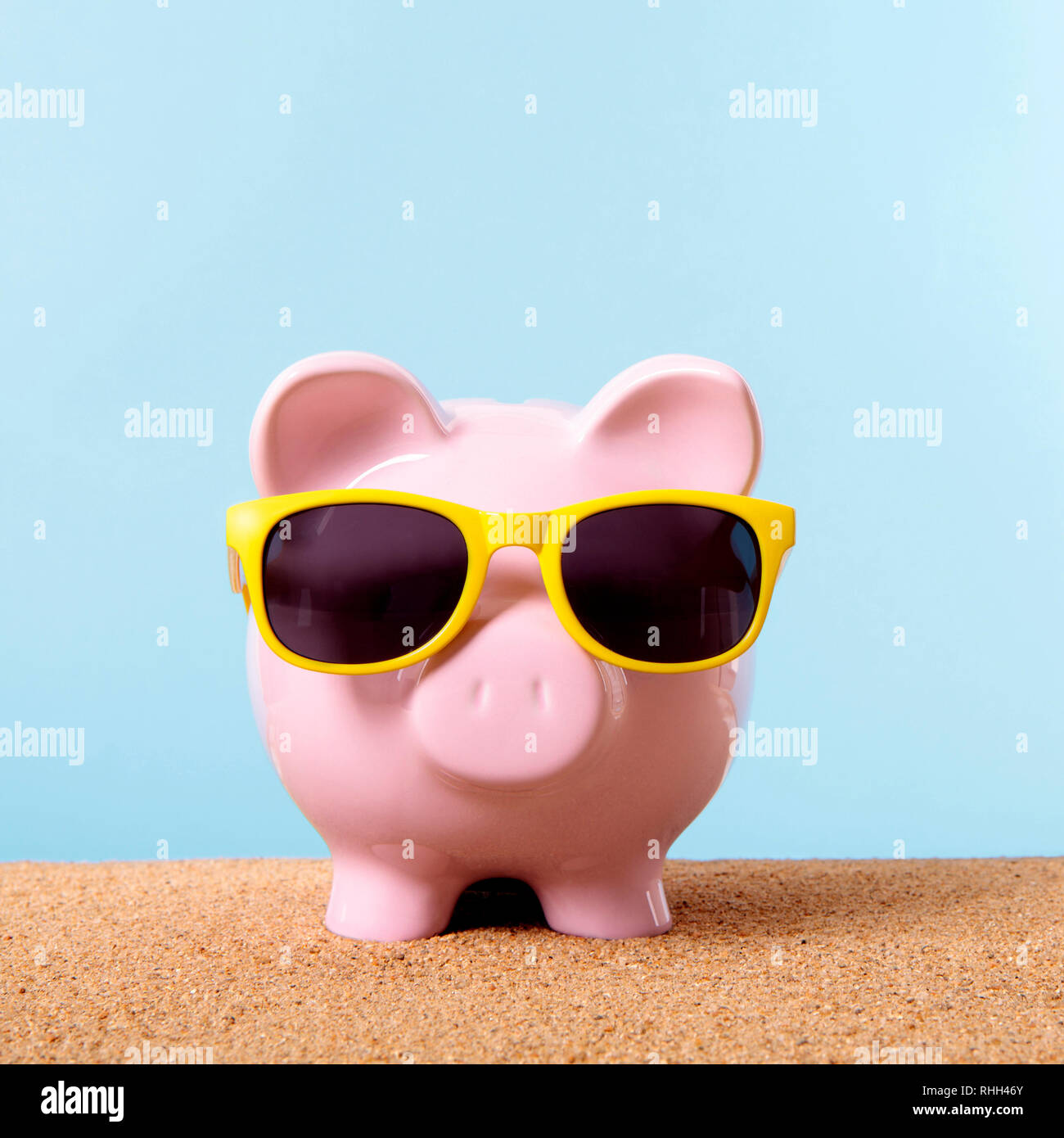 Piggy bank beach travel money freedom concept Stock Photo