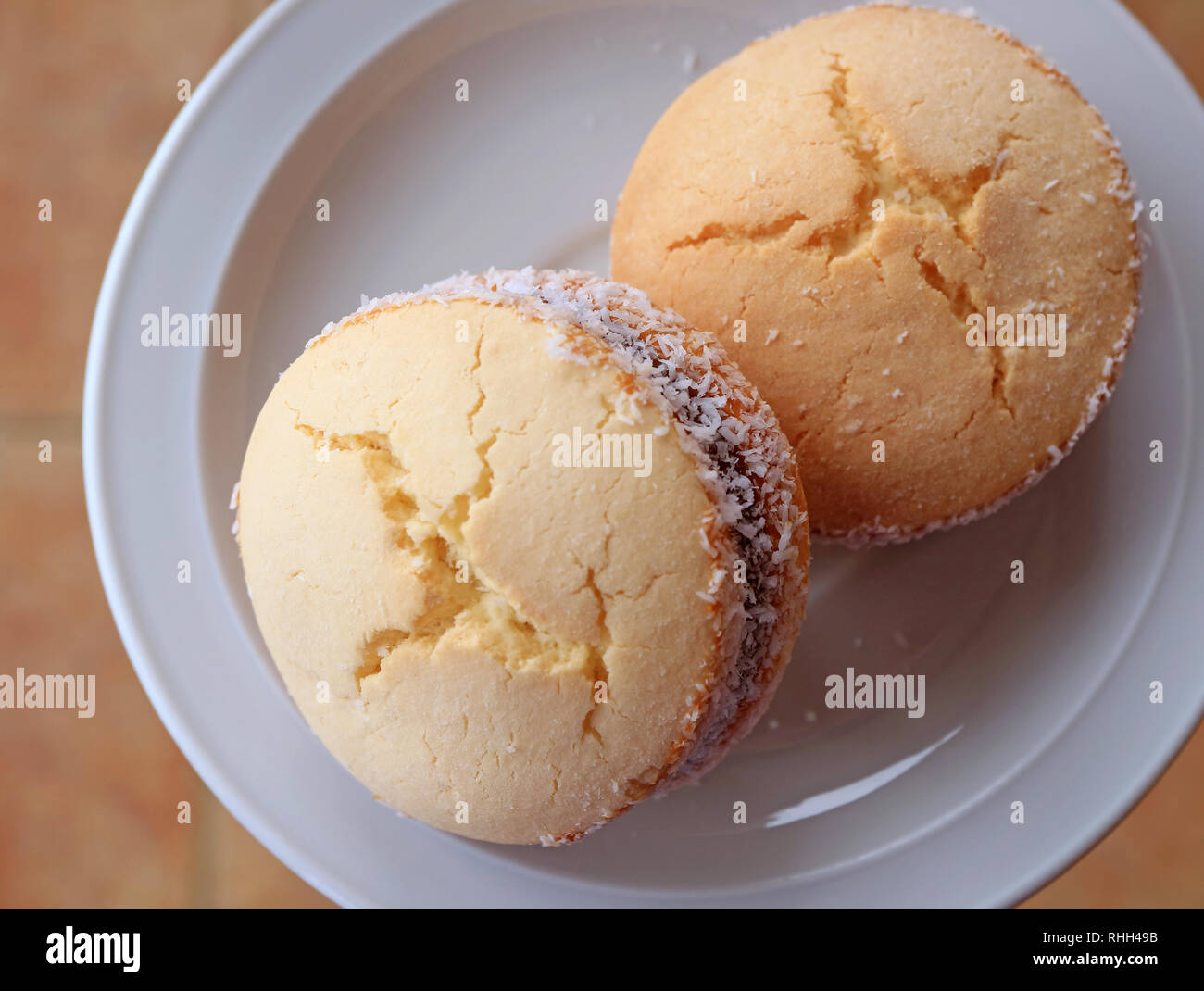 Top view of two Alfajores, traditional Latin American sweets served on