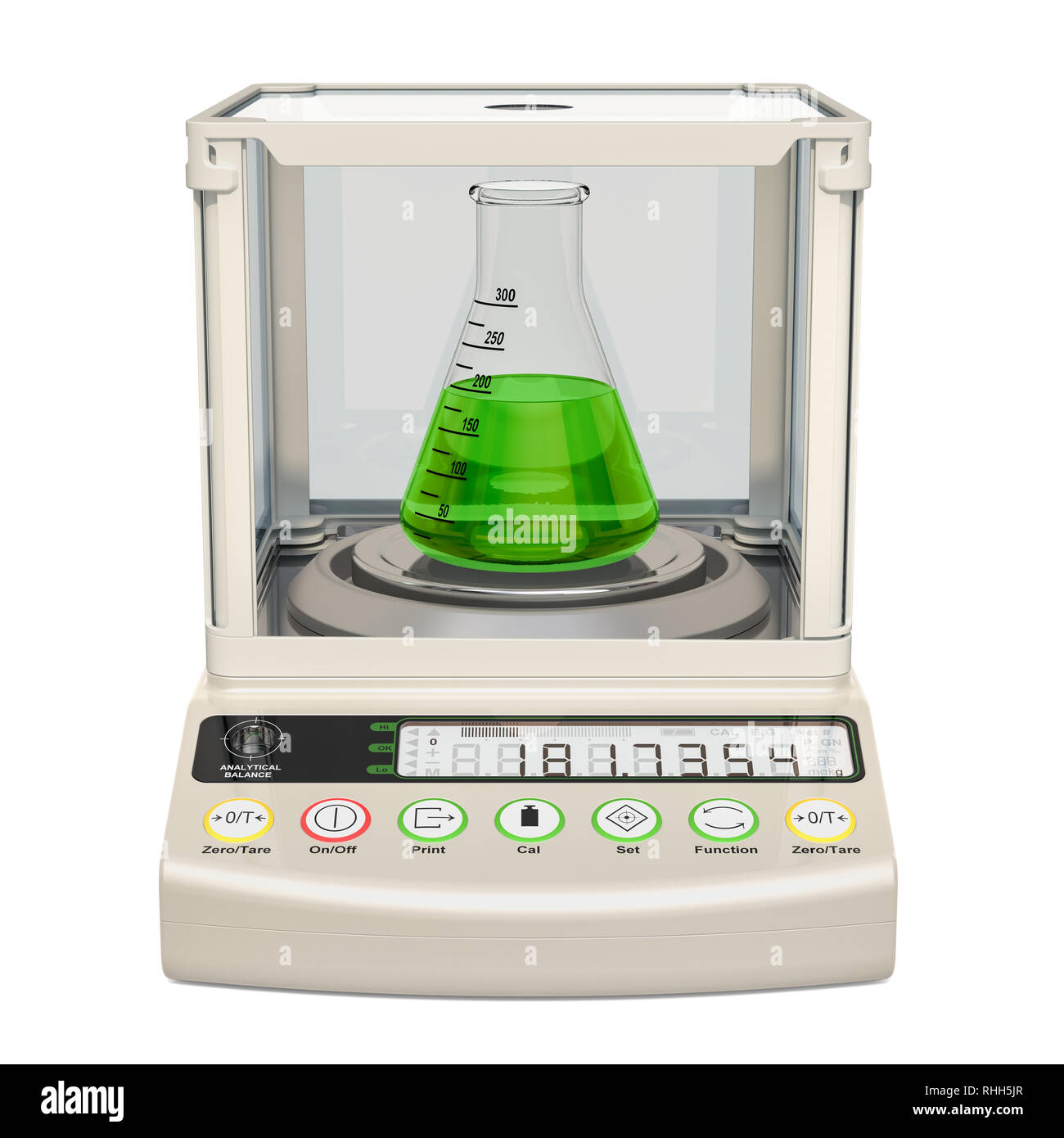 Analytical balance, digital lab scale with chemical flask. 3D rendering isolated on white background Stock Photo
