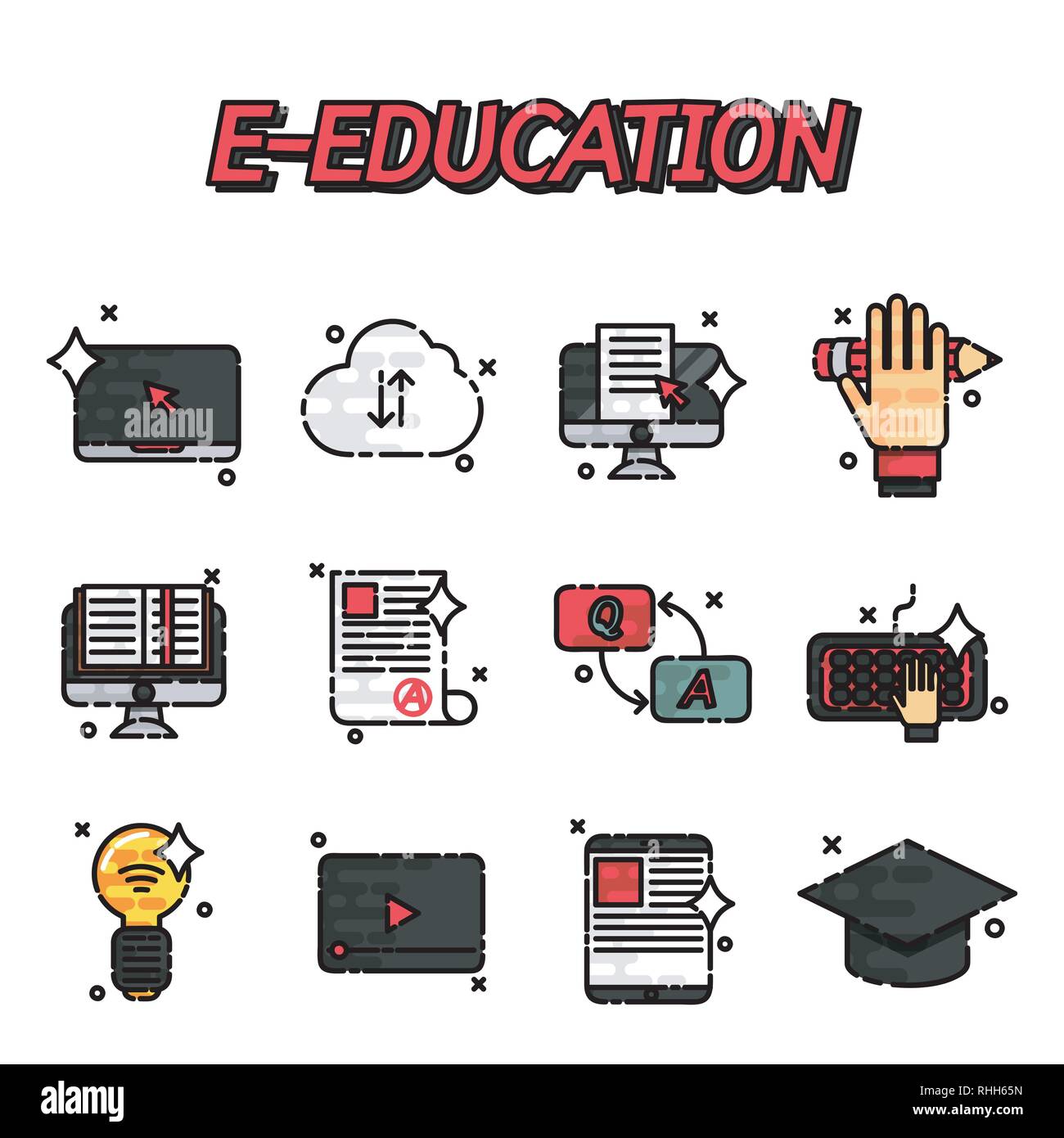 Online education e-learning video tutorial training flat icons set ...