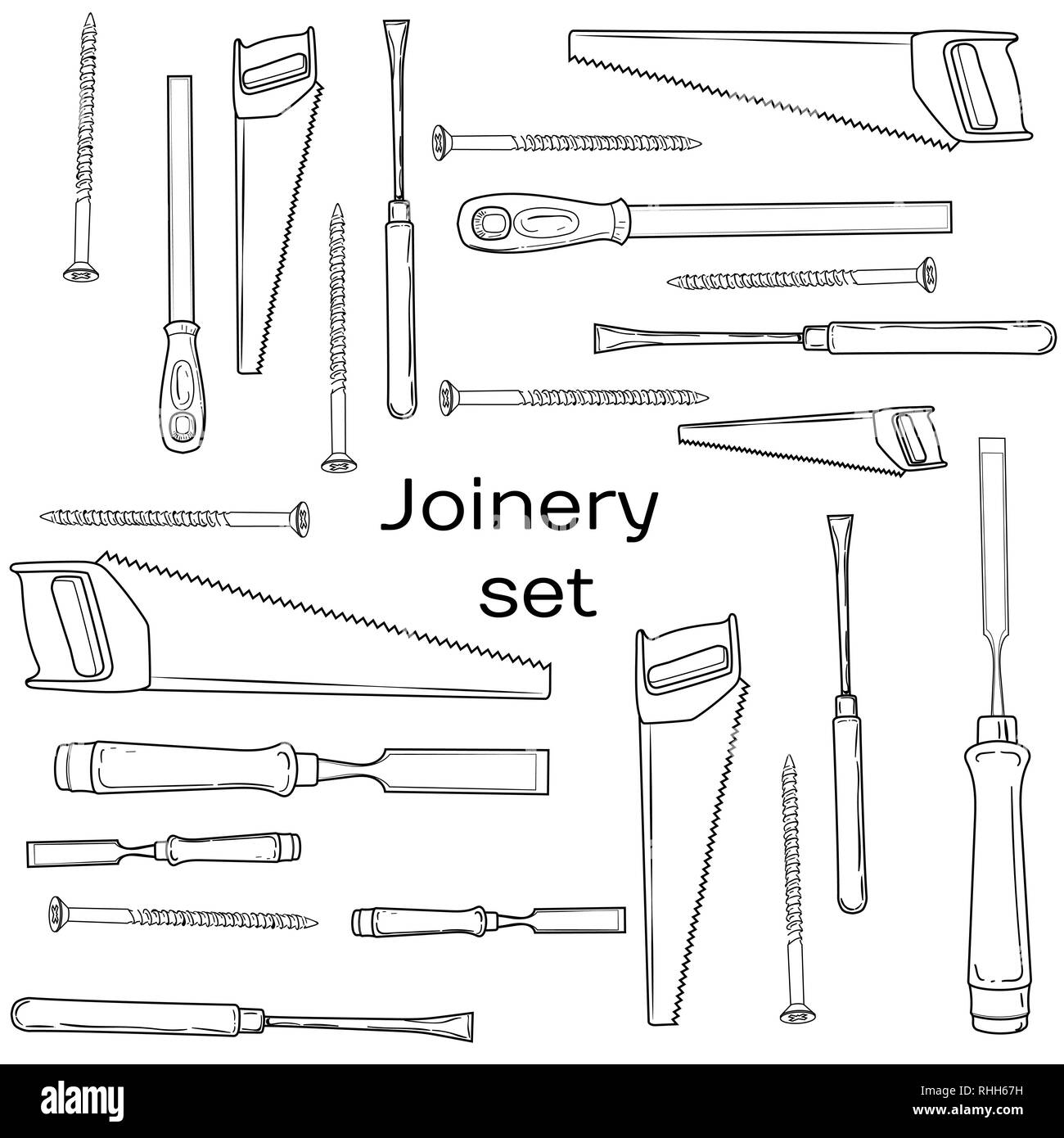 Joinery icons set. Carpenter character at work. Woodworking tools of antique joinery - Craft Woodwork Screwdriver Table Hamme, Carpenter. Stock Vector