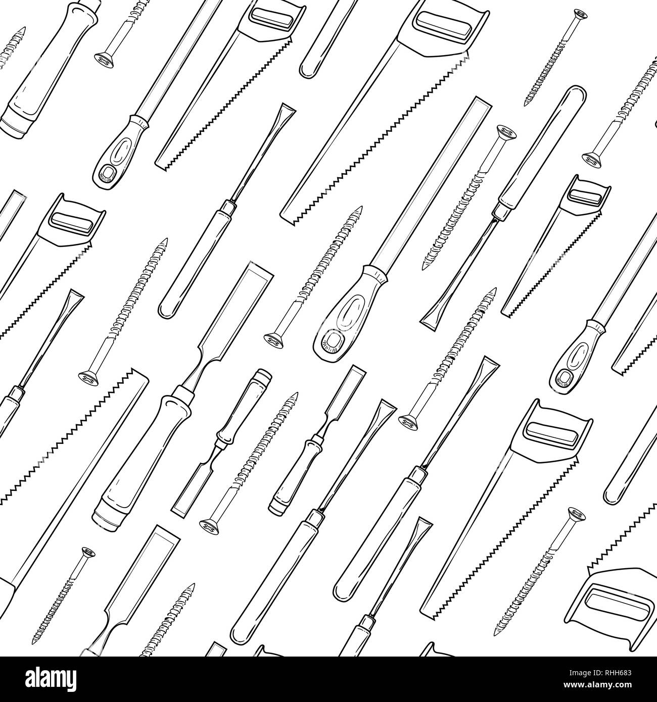 Pattern from various Carpentry. Carpenter character at work. Woodworking tools of antique joinery - Craft Woodwork Screwdriver Table Hamme, Carpenter. Stock Vector