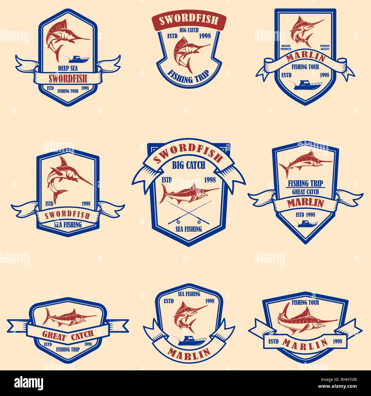 Set of marlin, swordfish emblems. Design element for logo, label, sign, poster, t shirt. Vector illustration Stock Vector