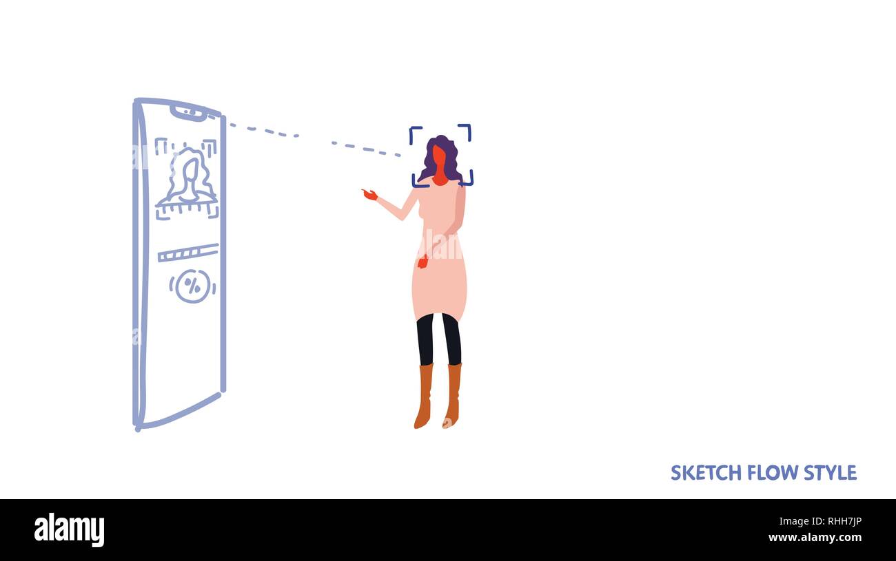 woman looking smartphone screen face recognition technology concept